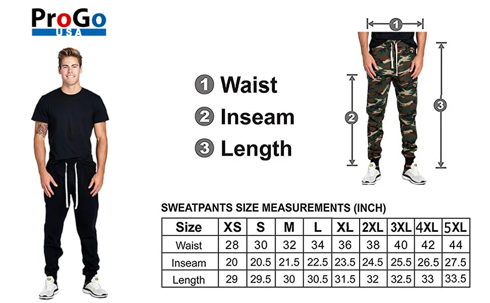 PROGO USA Men's Casual Jogger Sweatpants Basic Fleece Marled Jogger Pant Elastic Waist Medium Black - Size Table