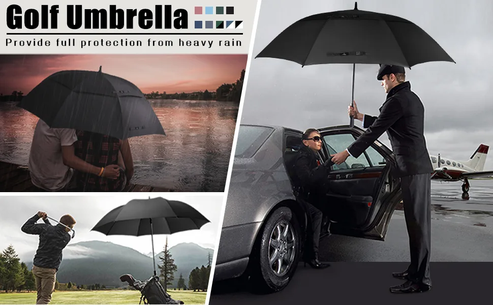 Prospo Golf Umbrella 62 inch Large Auto-Open Windproof Oversized Stick Vented Umbrellas Black Black-B 62 inch - Work for Golf Activity, Commute, City Stroll for at least 2 People