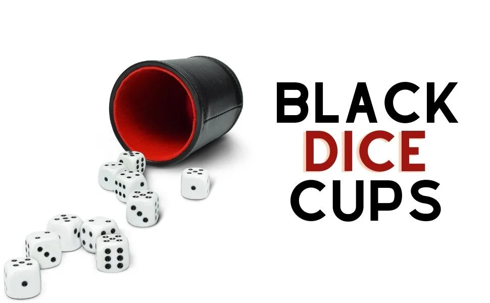 RNK Gaming 5 Pack of Professional Dice Cups PU Leather and Red Velvet Lined, Includes 25 White Six-Sided Dice - black dice cups