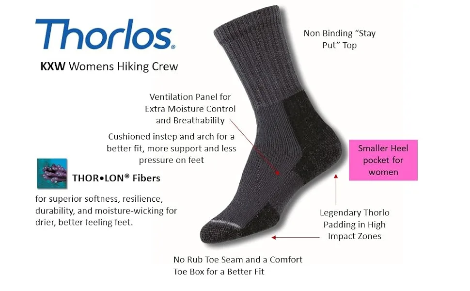 thorlos womens Kxw Max Cushion Hiking Crew Socks Small Black - KX Features