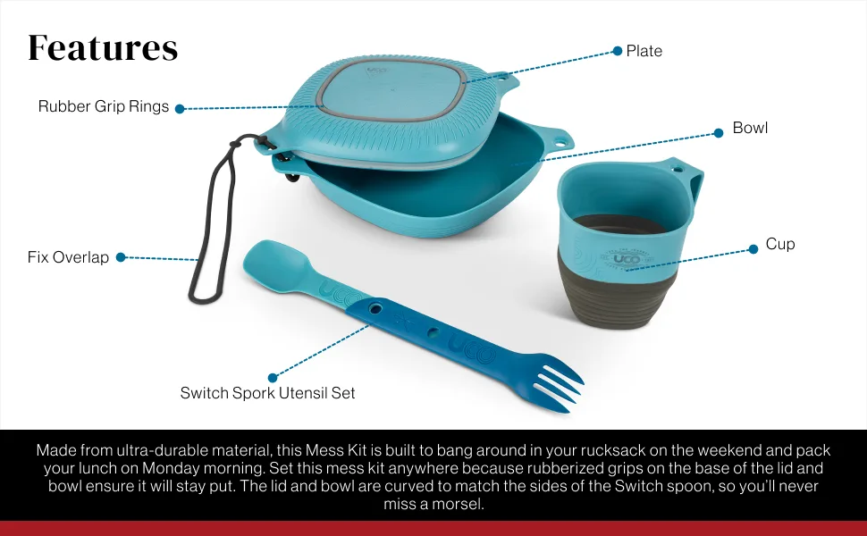 UCO 6-Piece Camping Mess Kit with Bowl, Plate, Camp Cup, and Switch Spork Utensil Set Blue - features