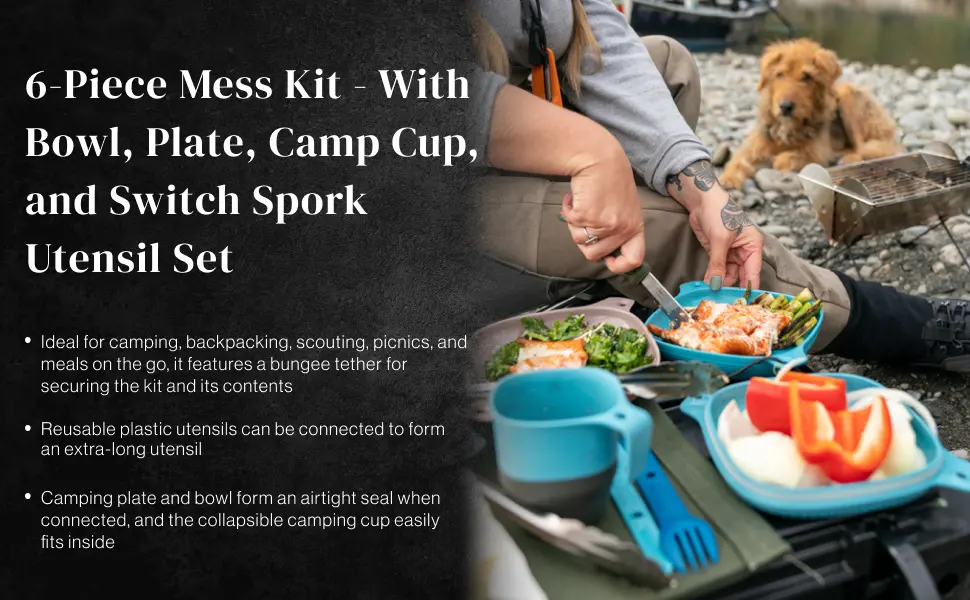 UCO 6-Piece Camping Mess Kit with Bowl, Plate, Camp Cup, and Switch Spork Utensil Set Blue - mess kit