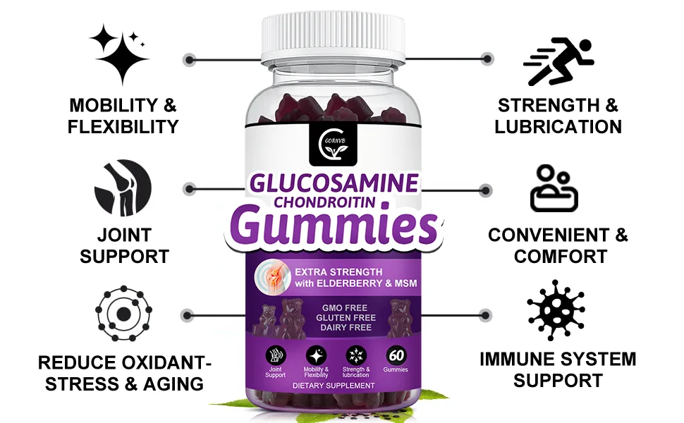GORNVB Glucosamine Chondroitin Gummies with MSM & Elderberry Extra Strength - Joint Support, Antioxidant Immune Support Supplement for Adults, Men & Women - 60 Chondroitin Gummies (2 Pack) - glucosamine gummies