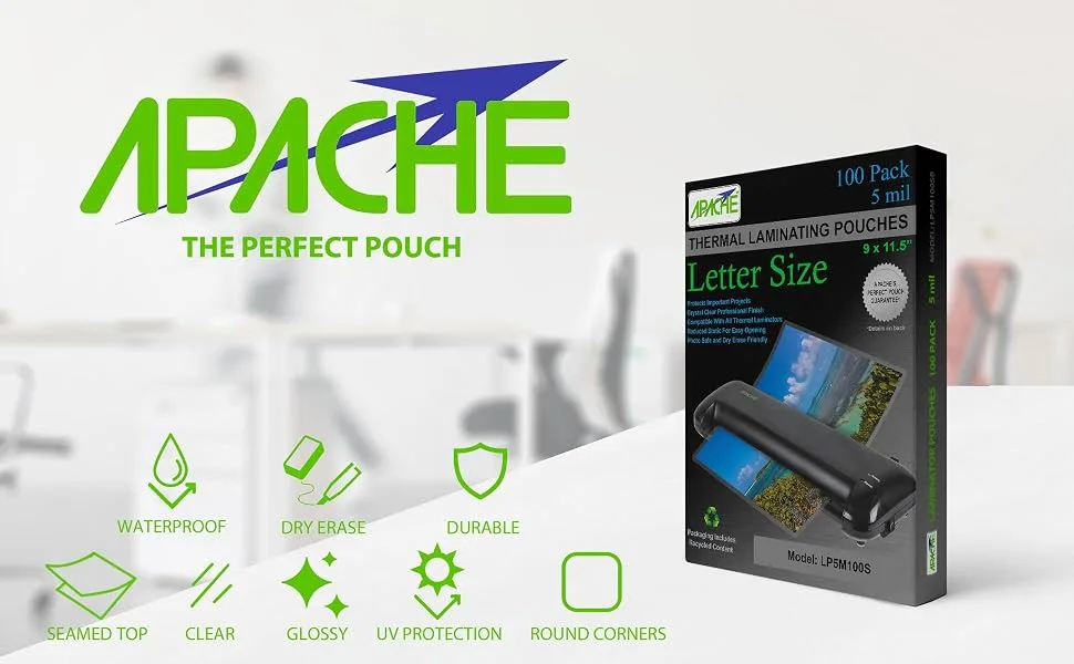 Apache Laminating Pouches 5 mil, for 8.5 x 11 inch Letter Size Paper 9 x 11.5 inch Sheets, 100 Pack 5mil, Letter, 100 Pack - apache laminating pouch letter size best quality 5mil thickness