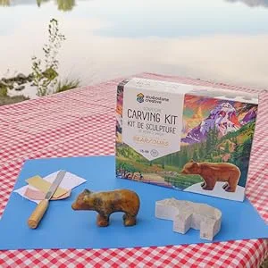 STUDIOSTONE CREATIVE Bear Soapstone Sculpture Stone Carving DIY Arts Crafts Kit Kids Adults - Soapstone bear carving kit on picnic table in nature with craft supplies