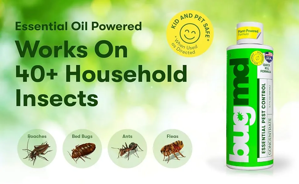 BugMD Pest Control Essential Oil Concentrate 3.7 oz (2-Pack), Plant-Powered Bug Spray Quick Kills Flies, Ants, Fleas, Ticks, Roaches, Mosquitoes 2 Concentrates - pest concentrate