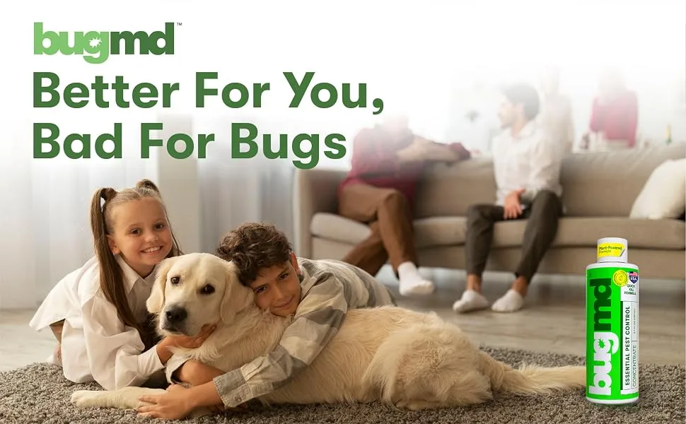 BugMD Pest Control Essential Oil Concentrate 3.7 oz (2-Pack), Plant-Powered Bug Spray Quick Kills Flies, Ants, Fleas, Ticks, Roaches, Mosquitoes 2 Concentrates - pest control