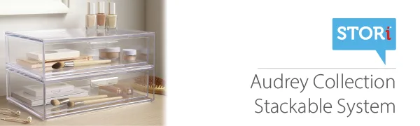 STORi Audrey Stackable Clear Plastic Organizer Drawer | Organize Eyeshadow Palettes, Cosmetics, and Beauty Supplies on a Vanity | Made in USA - Audrey Stackable Drawers