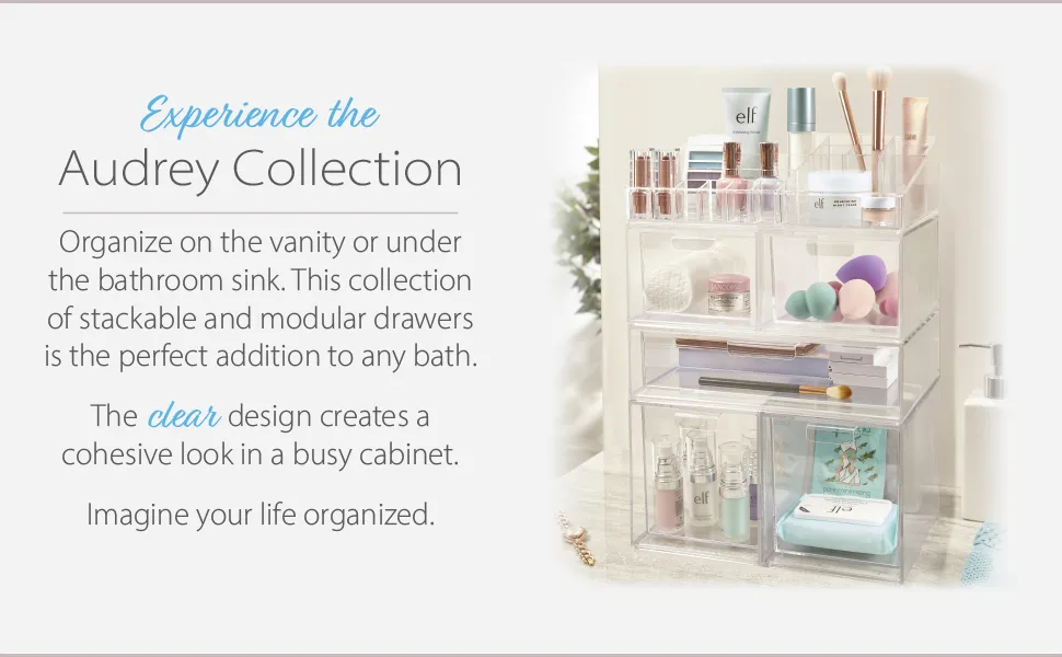 STORi Audrey Stackable Clear Plastic Organizer Drawer | Organize Eyeshadow Palettes, Cosmetics, and Beauty Supplies on a Vanity | Made in USA - Audrey Stackable Drawers