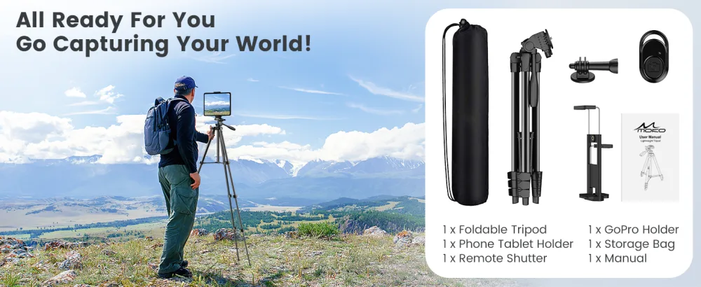 MoKo Camera Tripod for iPad, 60" Tripod for iPhone with Travel Bag, iPad Tripod Stand with Universal ipad Holder and Wireless Remote, Phone Tripod for Camera, Cell Phone, Webcam, Projector Black - product information 9