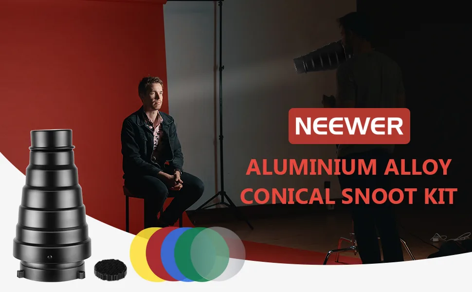 Neewer Medium Aluminium Alloy Conical Snoot Kit with Honeycomb Grid and 5 Pieces Color Gel Filters for Bowens Mount Studio Strobe Monolight Photography Flash Light - product information 1