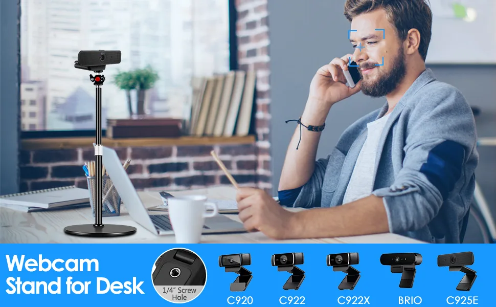 Nycetek Webcam Tripod Stand for Desk: Webcam Stand for Logitech Brio | C920 | C922 - Height & Angle Adjustable Desktop Tripod for Light & 1/4" Thread for Live Streaming | Video Calling 9.2''-15.5'' - webcam