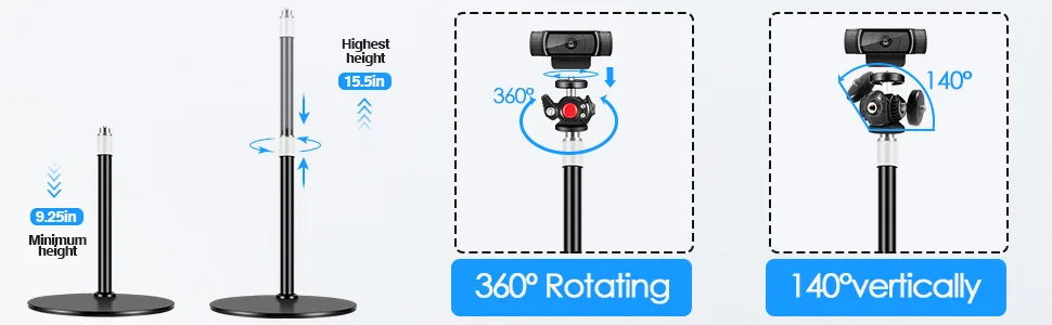 Nycetek Webcam Tripod Stand for Desk: Webcam Stand for Logitech Brio | C920 | C922 - Height & Angle Adjustable Desktop Tripod for Light & 1/4" Thread for Live Streaming | Video Calling 9.2''-15.5'' - webcam stand