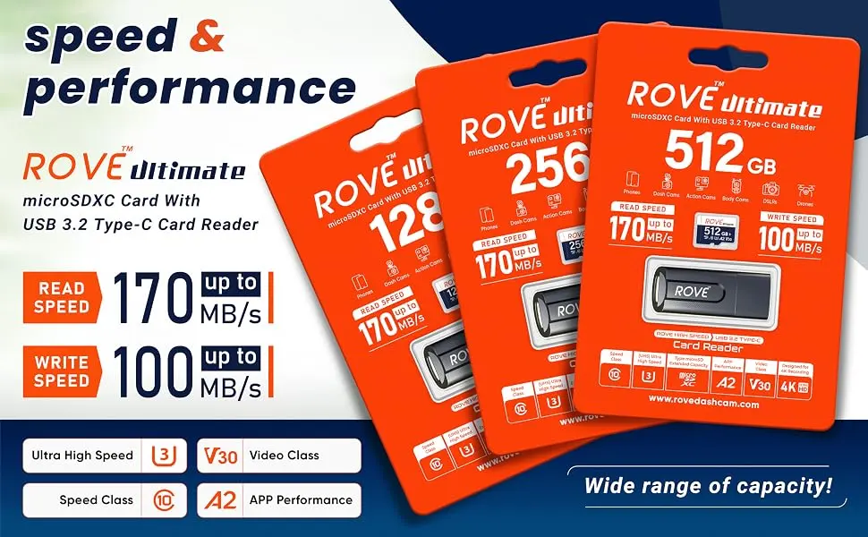 ROVE Ultimate Micro SD Card microSDXC 128GB Memory Card with USB 3.2 Type C Card Reader 170MB/s C10, U3, V30, 4K, A2 for Dash Cam, Android Smart Phones, Tablets, Games - micro sd card rove dash cam 4k car memory cards 128 256 512 GB USB C Card Reader class 10 UHS 3 SSD