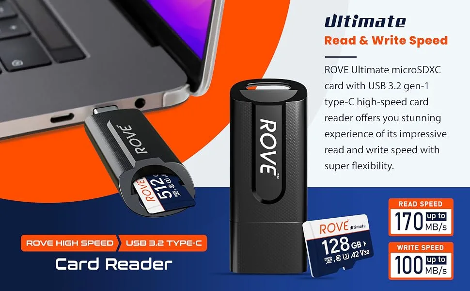 ROVE Ultimate Micro SD Card microSDXC 128GB Memory Card with USB 3.2 Type C Card Reader 170MB/s C10, U3, V30, 4K, A2 for Dash Cam, Android Smart Phones, Tablets, Games - micro sd card rove dash cam 4k car memory cards 128 256 512 GB tarjeta de memoria sdhc sdxc adapte