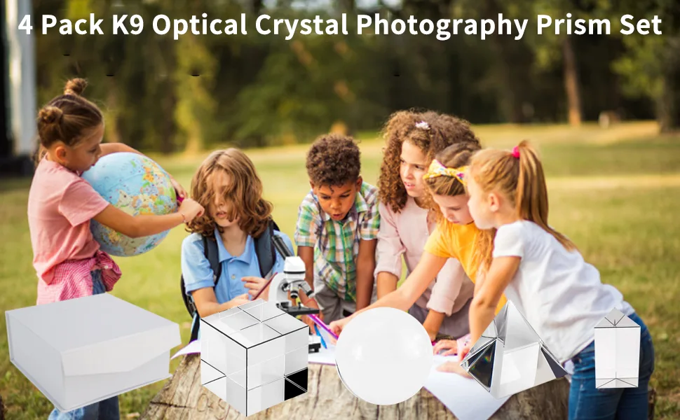 4 Pack K9 Optical Crystal Photography Prism Set, Include 55mm Crystal Ball, 50mm Crystal Cube, 50mm Triangular Prism, 60mm Optical Pyramid with Gift Box& Wipe Cloth for Teaching, Playing, Photography - product information 1
