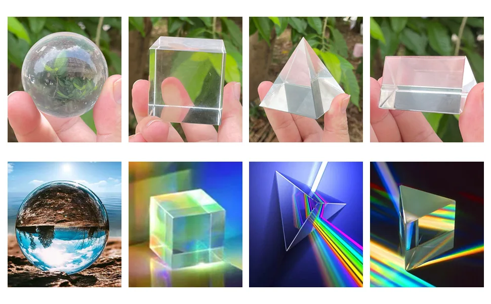 4 Pack K9 Optical Crystal Photography Prism Set, Include 55mm Crystal Ball, 50mm Crystal Cube, 50mm Triangular Prism, 60mm Optical Pyramid with Gift Box& Wipe Cloth for Teaching, Playing, Photography - product information 2