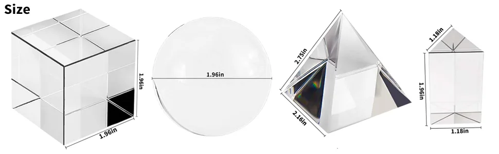 4 Pack K9 Optical Crystal Photography Prism Set, Include 55mm Crystal Ball, 50mm Crystal Cube, 50mm Triangular Prism, 60mm Optical Pyramid with Gift Box& Wipe Cloth for Teaching, Playing, Photography - product information 6
