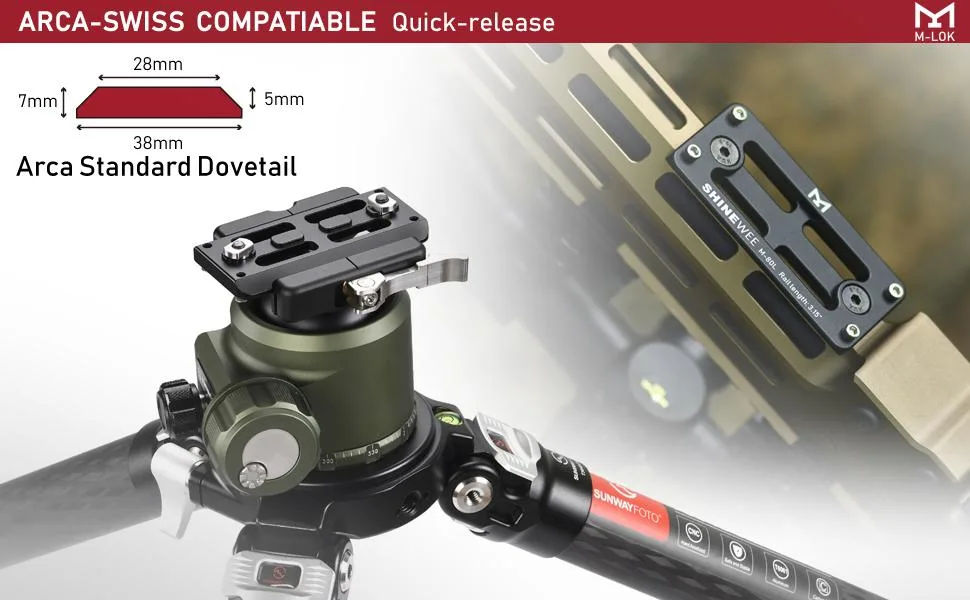 MLOK Arca Rail Tripod Mount Adapter, for Rifle Tripod Ballhead Quick Release Plate,Compatiable RRS Dovetail, 2 M-LOK Slot Interface 3.15 in - 2-slot m-lok interface
