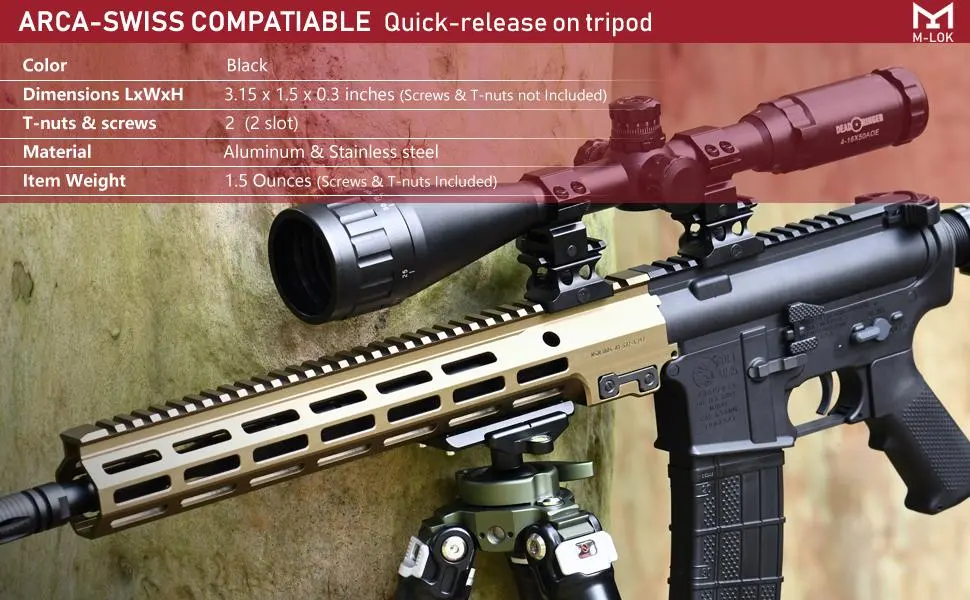 MLOK Arca Rail Tripod Mount Adapter, for Rifle Tripod Ballhead Quick Release Plate,Compatiable RRS Dovetail, 2 M-LOK Slot Interface 3.15 in - arca and rrs rail adapter