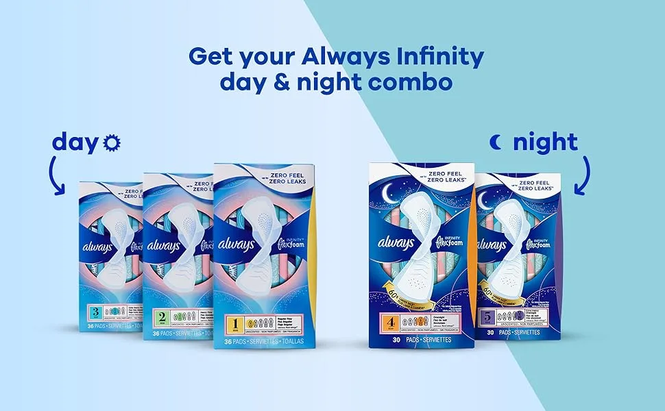 Always Infinity Feminine Pads For Women, Size 1 Regular Absorbency, Multipack, With Wings, With Flexfoam, Unscented, 36 Count x 3 Packs (108 Count total) - Get your Always Infinity day & night combo