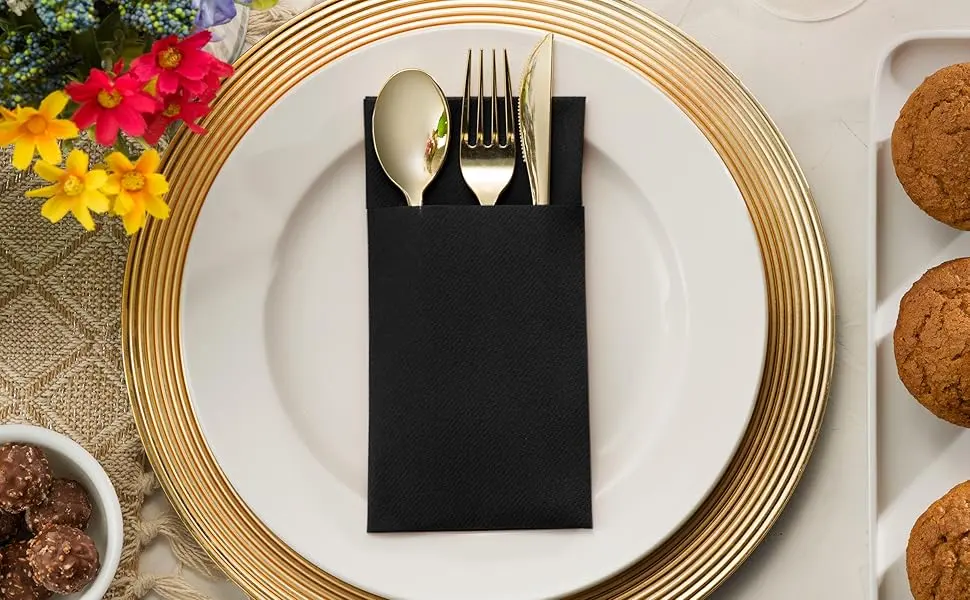 Disposable Linen-Feel Dinner Napkins with Built-in Flatware Pocket, 50-Pack BLACK Prefolded Cloth Like Paper Napkins For Dinner, Wedding Or Party 50 Black - pocket napkins