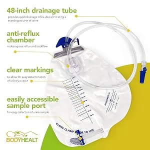 BodyHealt Urinary Drainage Bag with Anti-Reflux Chamber, 2000 mL Vinyl With 48" Drainage, 5 Count (Pack of 1) Pack of 5 - 1321