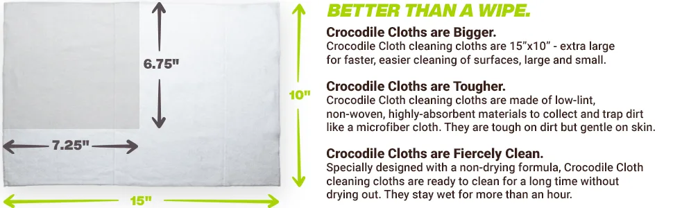 PowerScrub by Crocodile Cloth - 80 Textured Cloths, 10in X 15in. Large, Moist, Absorbent & Disposable Cleaning Cloths. Safe on Skin and Multiple Surfaces - Tools, Wood, Plastic, Metals 80 Count - Better than a wipe - crocodile cloths are bigger, tougher, and fiercely clean