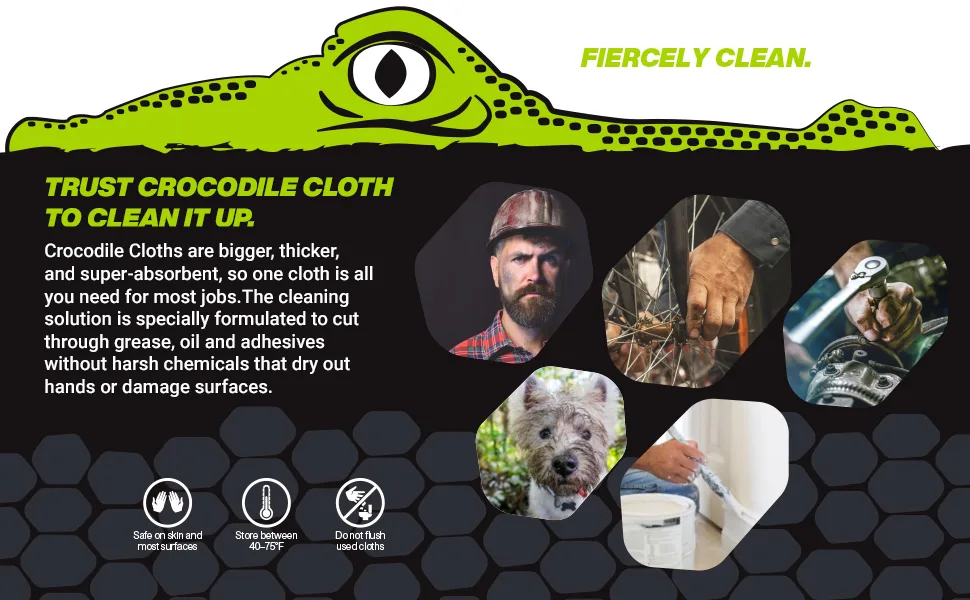 PowerScrub by Crocodile Cloth - 80 Textured Cloths, 10in X 15in. Large, Moist, Absorbent & Disposable Cleaning Cloths. Safe on Skin and Multiple Surfaces - Tools, Wood, Plastic, Metals 80 Count - Trust Crocodile Cloth to Clean it Up