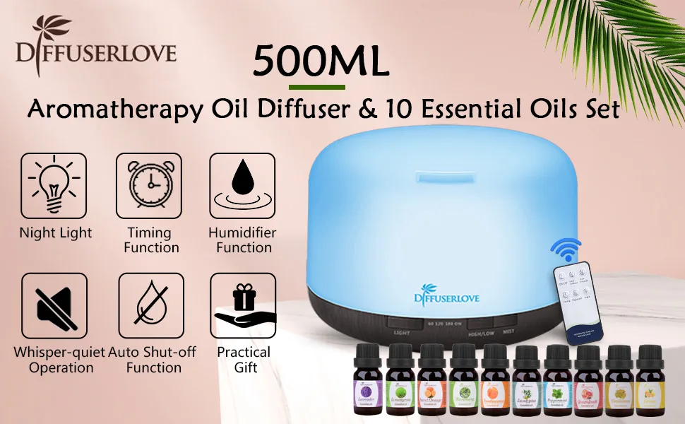 Diffuserlove Essential Oil Diffuser 500ML Ultrasonic Aromatherapy Diffuser Mist Humidifiers with Mute Design, Timer and Waterless Auto Shut-Off, 7 Color LED Lights for Office Home Bedroom Black - diffuserlove
