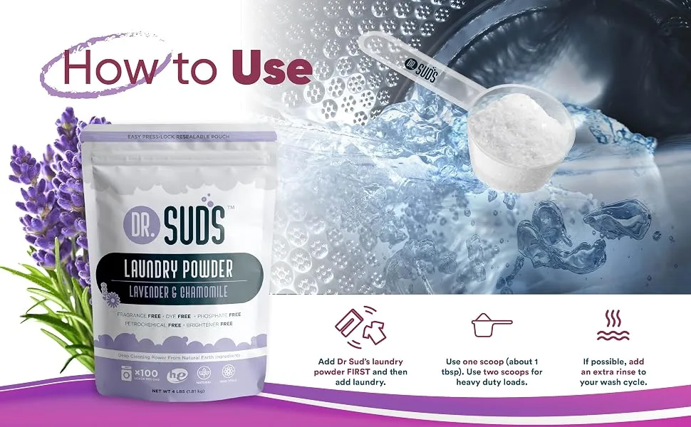 New Dr Suds Natural Laundry Detergent Powder 100+ Loads Lavender Chamomile Made with Natural Earth Minerals 64 Ounces - how to use dr suds laundry powder