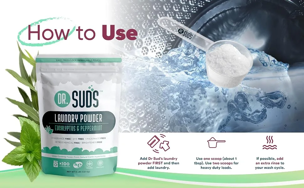 New Dr Suds Natural Laundry Detergent Powder 100+ Loads Eucalyptus & Peppermint Made with Natural Earth Ingredients 64 Ounces - dr suds natural ingredients eucalyptus scented