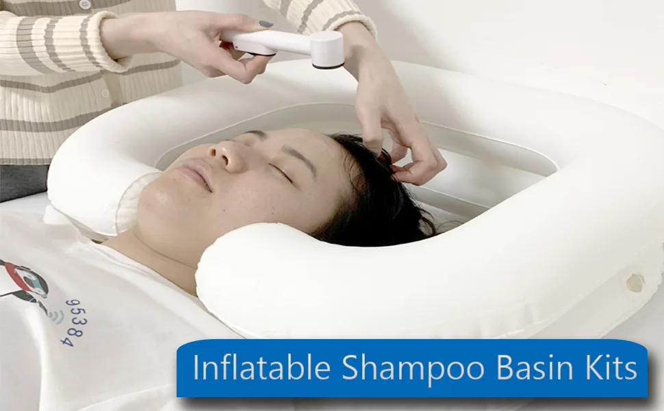 Bedside Shower System, Overhead Shower with Water Bag 2.5 Gallons (2 lbs), Inflatable Shampoo Basin Kit for Disabled and Elderly Bed Easy & Safe Bathing & Shampooing (Set of 6) - Inflatable Shampoo Basin Beside Shower system