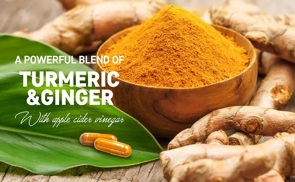 Turmeric Curcumin Supplement with Ginger & Apple Cider Vinegar (120 Count), BioPerine Black Pepper, Tumeric & Ginger, 95% Curcuminoids & Joint Supplement, Antioxidant Tumeric Supplements Capsules 120 Count (Pack of 1) - Ginger and turmeric powder in a wooden bowl
