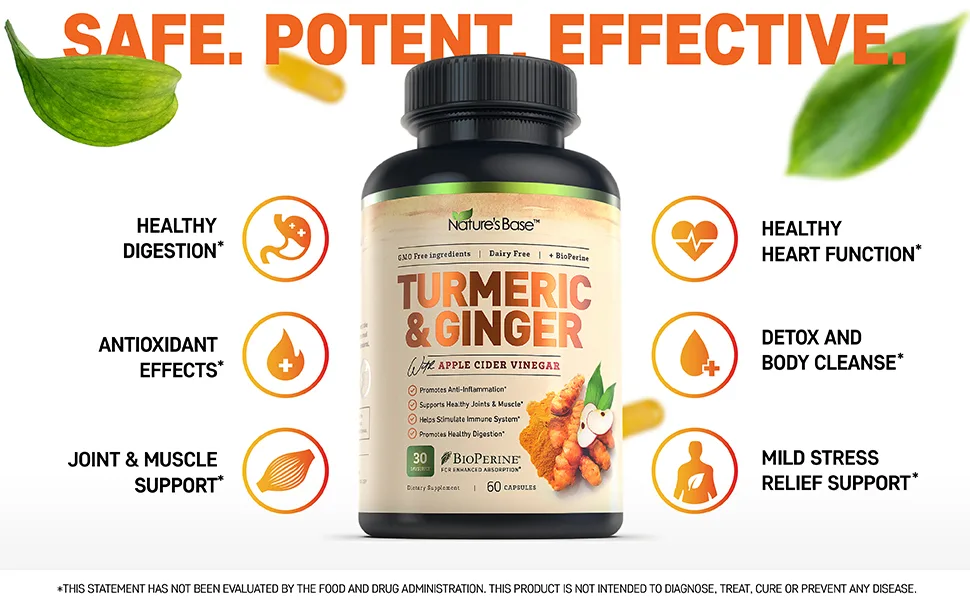 Turmeric Curcumin Supplement with Ginger & Apple Cider Vinegar (120 Count), BioPerine Black Pepper, Tumeric & Ginger, 95% Curcuminoids & Joint Supplement, Antioxidant Tumeric Supplements Capsules 120 Count (Pack of 1) - Leaves falling beside herbal supplement bottle