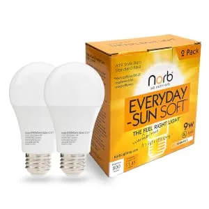 NorbEVERYDAYSUN Soft Full Spectrum Light Bulb, 4000K Soft-Hue Model with Sun-Mimicking Technology for Energy, Mood & Performance, Supports Sleep/Wake Cycles, 9W, Standard Base, 2 Pack, Budget Priced - best light therapy lamp for depression, best sun lamps for depression, best light therapy lights