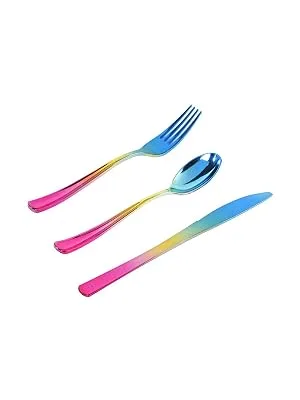 Supernal 120pcs Rainbow Silverware,Gold Plastic Silverware,Rainbow Plastic Cutlery,Rainbow Party Flatware,Pink and Gold Silverware,Elegant Plastic Durable Cutlery,40 Forks,40 Knives and 40 Spoons - 120 pcs Rainbow Plastic Silverware