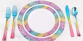 Supernal 120pcs Rainbow Silverware,Gold Plastic Silverware,Rainbow Plastic Cutlery,Rainbow Party Flatware,Pink and Gold Silverware,Elegant Plastic Durable Cutlery,40 Forks,40 Knives and 40 Spoons - 120 pcs Rainbow Plastic Silverware