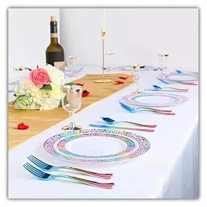 Supernal 120pcs Rainbow Silverware,Gold Plastic Silverware,Rainbow Plastic Cutlery,Rainbow Party Flatware,Pink and Gold Silverware,Elegant Plastic Durable Cutlery,40 Forks,40 Knives and 40 Spoons - 120 pcs Rainbow Plastic Silverware
