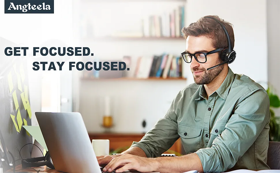 Trucker Bluetooth Angteela Headset with Microphone, Wireless Cell Phone Headset with Noise Canceling Mic Charging Base Mute Function for Home Office Call Center Skype - product information 1