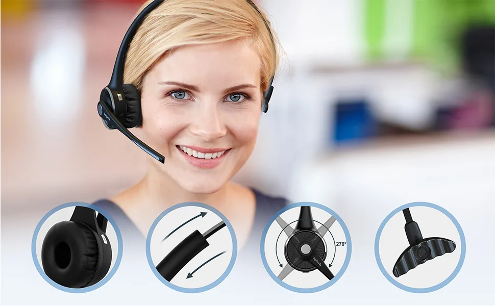Trucker Bluetooth Angteela Headset with Microphone, Wireless Cell Phone Headset with Noise Canceling Mic Charging Base Mute Function for Home Office Call Center Skype - product information 2