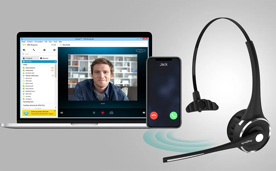 Trucker Bluetooth Angteela Headset with Microphone, Wireless Cell Phone Headset with Noise Canceling Mic Charging Base Mute Function for Home Office Call Center Skype - product information 3