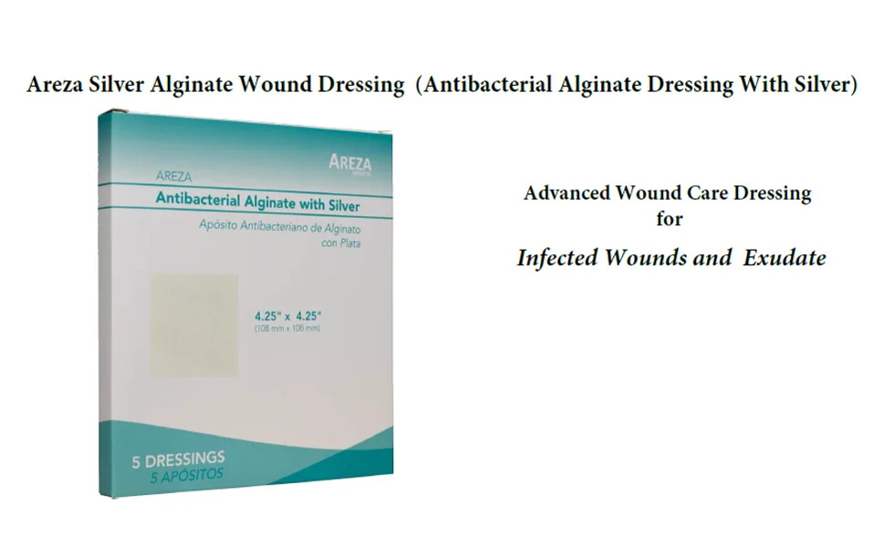 Silver Alginate (Antibacterial Alginate with Silver) 4.25"x4.25" Sterile 10 Wound Dressings Per Box (1 Box) Areza Medical - wound infection biofilm healing process moist dressing silver alginate skin exudate