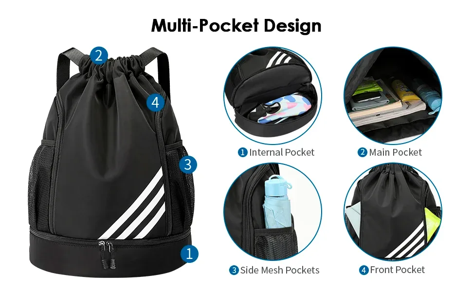 Barn Eleven 2023 New Design Sports Backpacks Waterproof Drawstring Backpack Sports Gym Bag With Shoe Compartment and Water Bottle Holder (Deep Blue) - drawstring bags