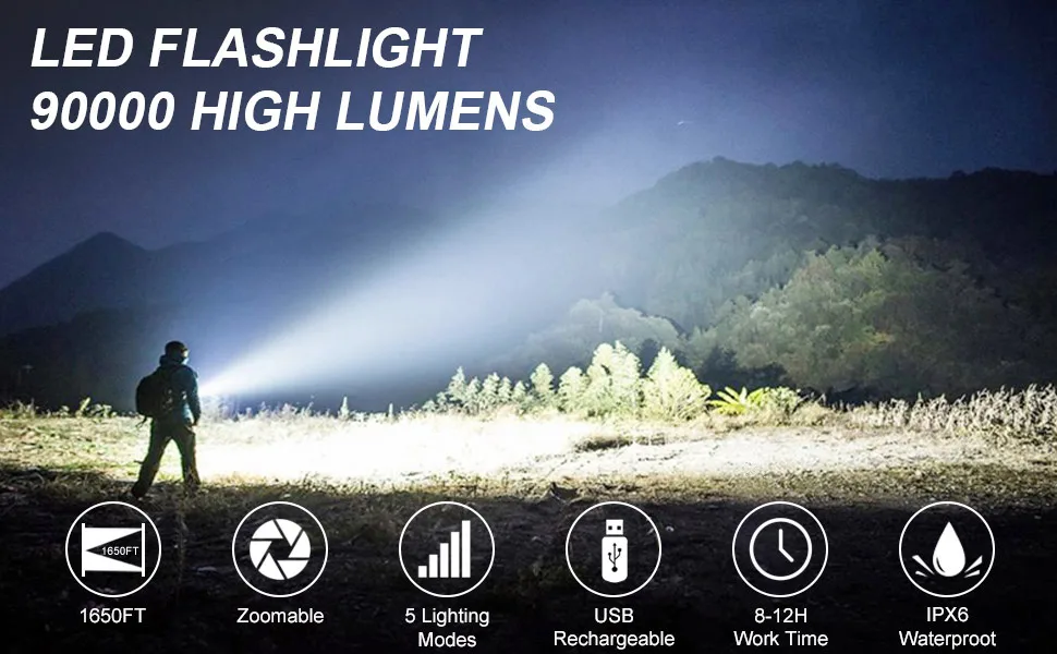 BengMxj Rechargeable LED Flashlights, 90000 High Lumens Flashlight, XHP70 Tactical Flashlight with Zoomable, 5 Modes, Super Bright Waterproof Flashlights for Emergencies, Camping, Hiking - flashlight1