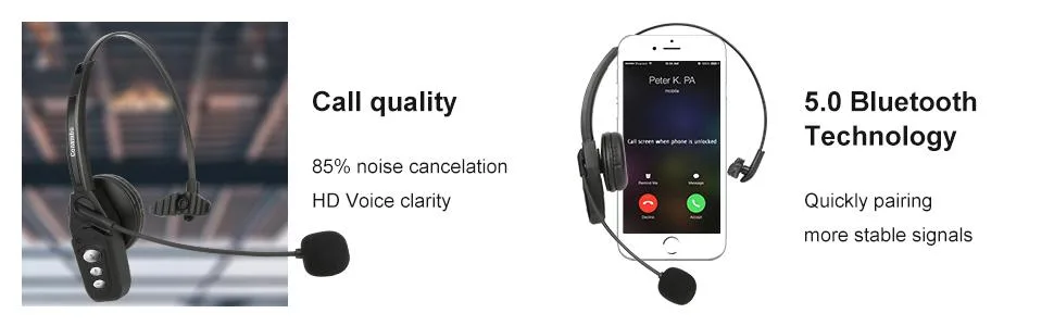 Conambo Bluetooth Headset V5.0, Wireless Headset with Noise Cancelling Microphone, 16Hrs HD Talktime, On Ear Bluetooth Headphone for Cell Phone Trucker Engineers Business Home Office - bluetooth headphones