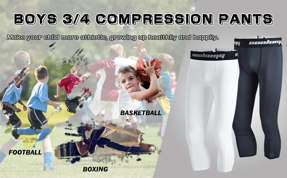 COOLOMG Youth Boys Compression Pants 3/4 Basketball Baselayer Sports Tights Running Training Leggings Capris White X-Large - product information 2