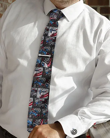 3D Luke Skywalker Helmet Cufflinks - Man wearing a white shirt with cufflinks and Captain America themed comic tie