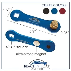 Elite Engineering USA BeachN Boat Drain Plug Wrench for 1/2 inch NPT Plug, Includes Spare Brass Plug Blue - Boat wrench dimensions