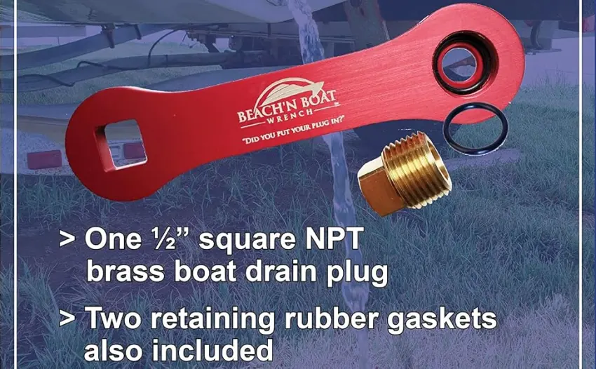 Elite Engineering USA BeachN Boat Drain Plug Wrench for 1/2 inch NPT Plug, Includes Spare Brass Plug Blue - Spare plug included